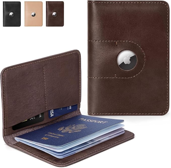 London Alley Brown Passport holder with AirTag Case and Credit card Slots.