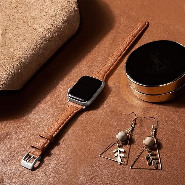 LONDON ALLEY Orange Leather Watch Strap for Women/Girls Compatible with Apple Watch Series 9 | 8 | 7 | 6 | 5 | 4 | 3 | 2 | 1 | SE, Top Grain Slim Leather Strap.