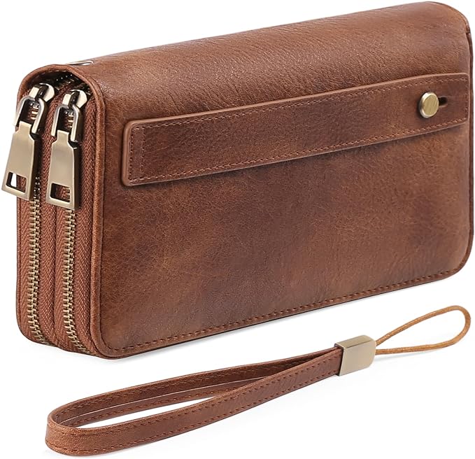 London Alley Tan Ladies leather wallet with Multiple Compartments and dual zipper