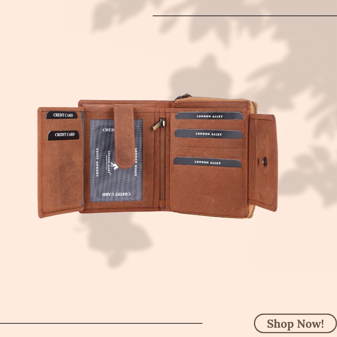 LONDON ALLEY Diva Tan Card Case with Multiple card slots and zippered compartments.