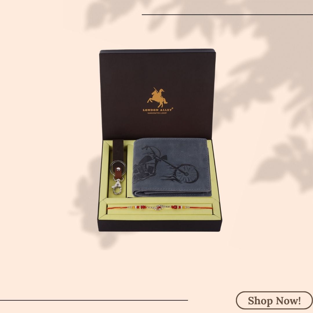 London Alley Harley Rakhi Gift Hamper for Brother - Men's Vintage Green Leather Wallet, Brown Keyring and Rakhi Combo Gift Set for Brother