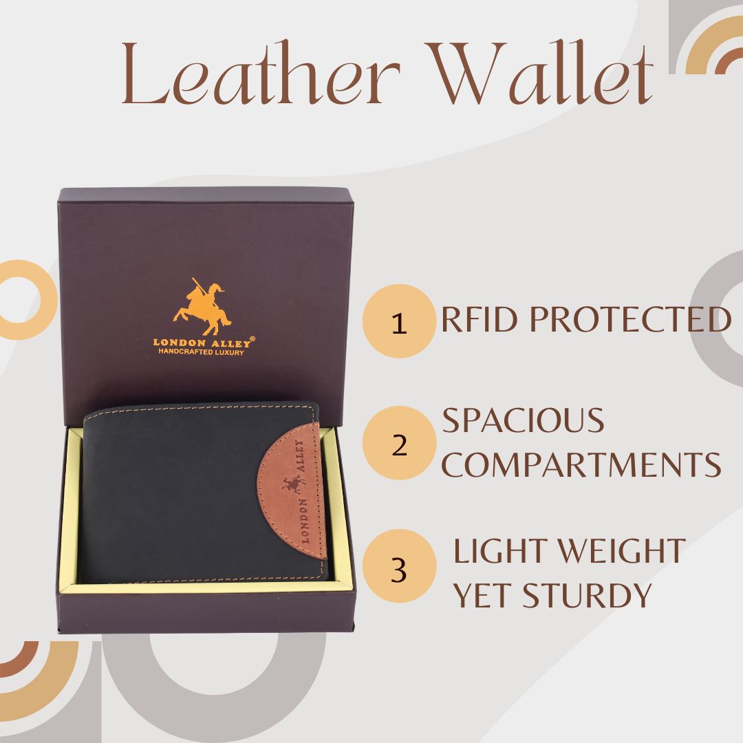 LONDON ALLEY Astor Vintage Black/Tan Men's Leather Wallet | RFID Protected | 6 Card Slots | Gift Box included.