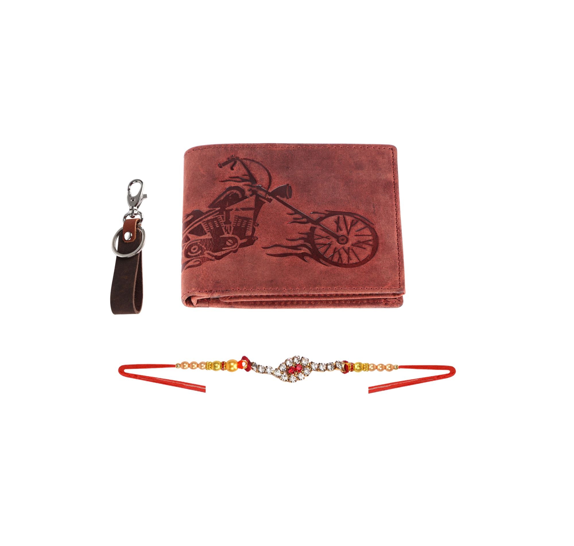 London Alley Harley Rakhi Gift Hamper for Brother - Men's Vintage Red Leather Wallet, Brown Keyring and Rakhi Combo Gift Set for Brother