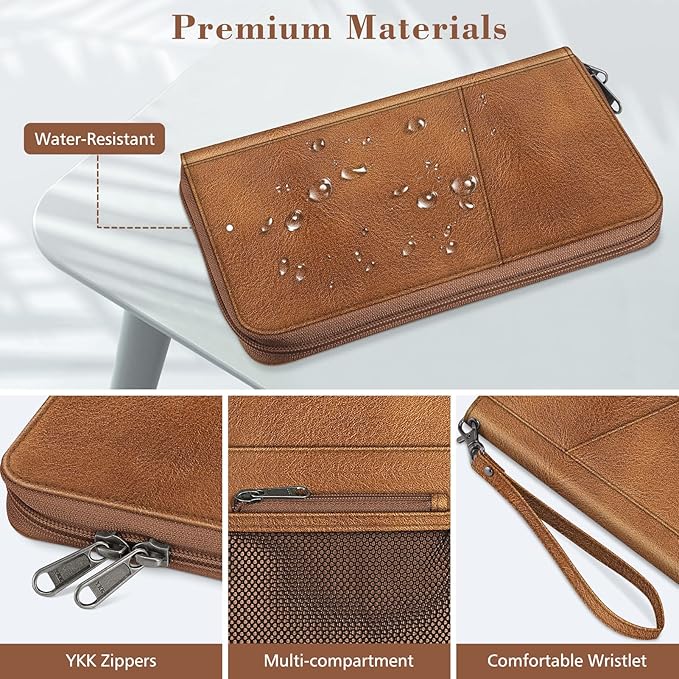 London Alley Tan Leather Passport Holder with Zipper Card Slots | Cash compartments | Currency compartment.