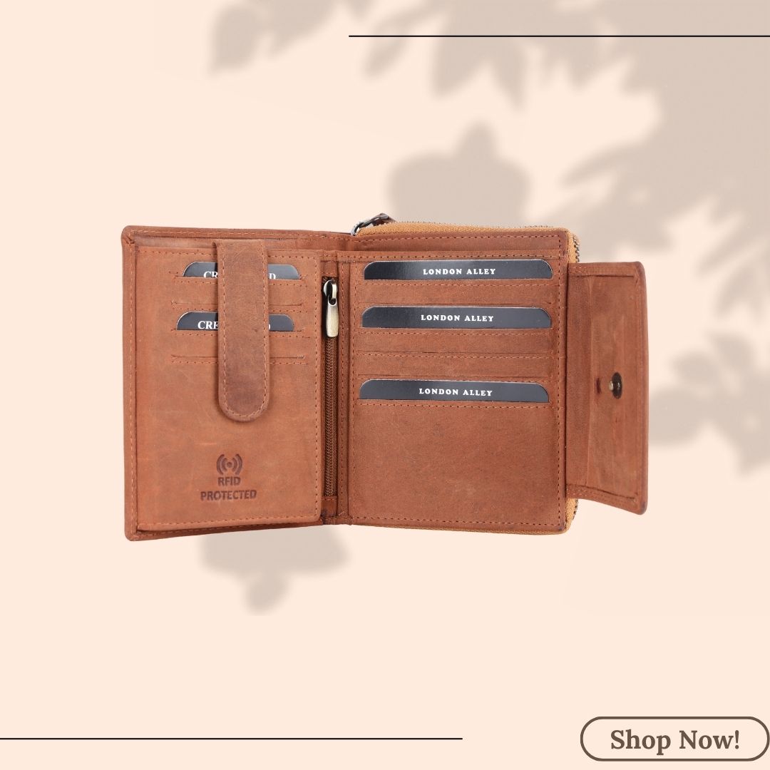 LONDON ALLEY Diva Tan Card Case with Multiple card slots and zippered compartments.