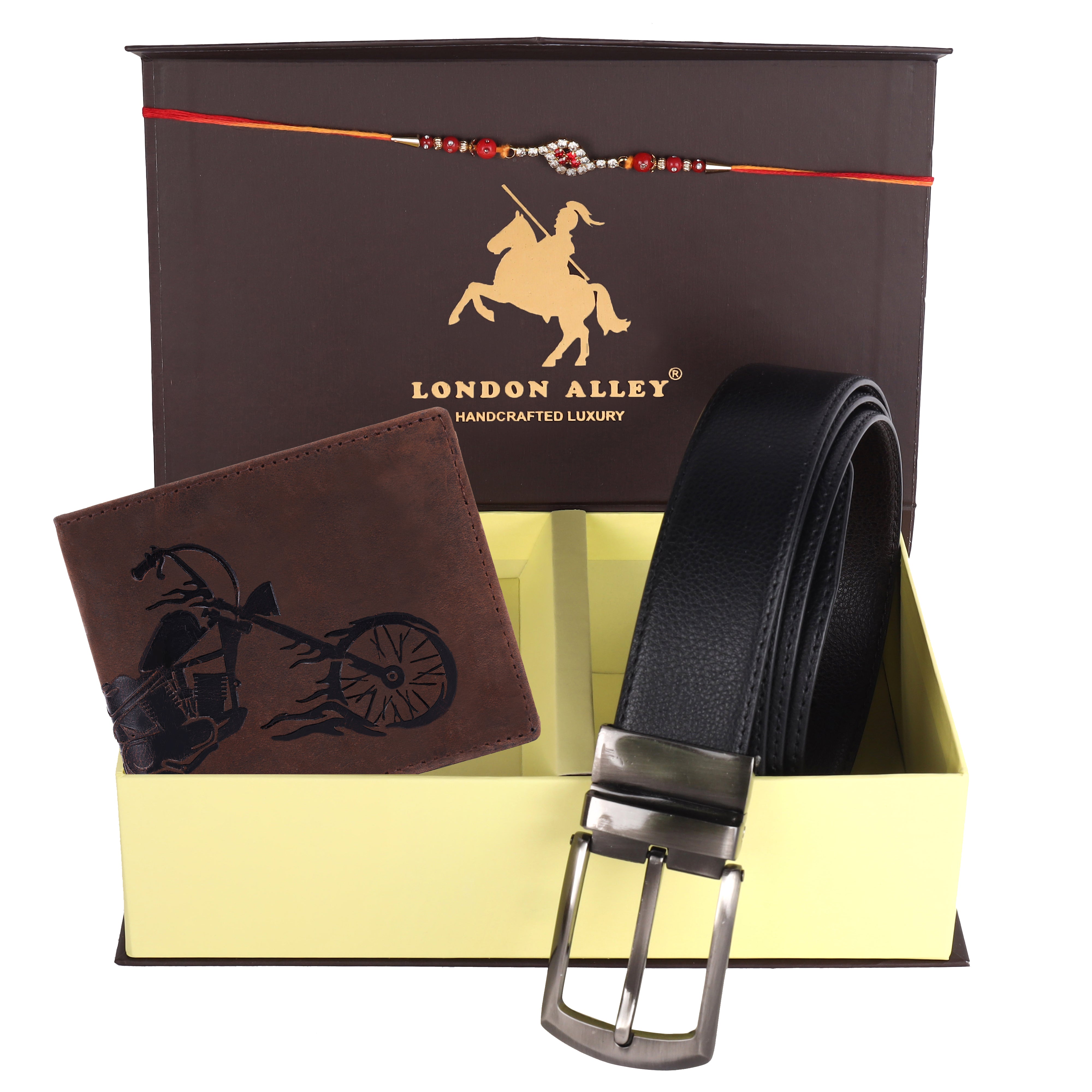 LONDON ALLEY Rakhi Gift Hamper - Harley Vintage Tan Leather Wallet, Reversable Brown/Black Belt & Traditional Rakhi Combo Gift Box for Men