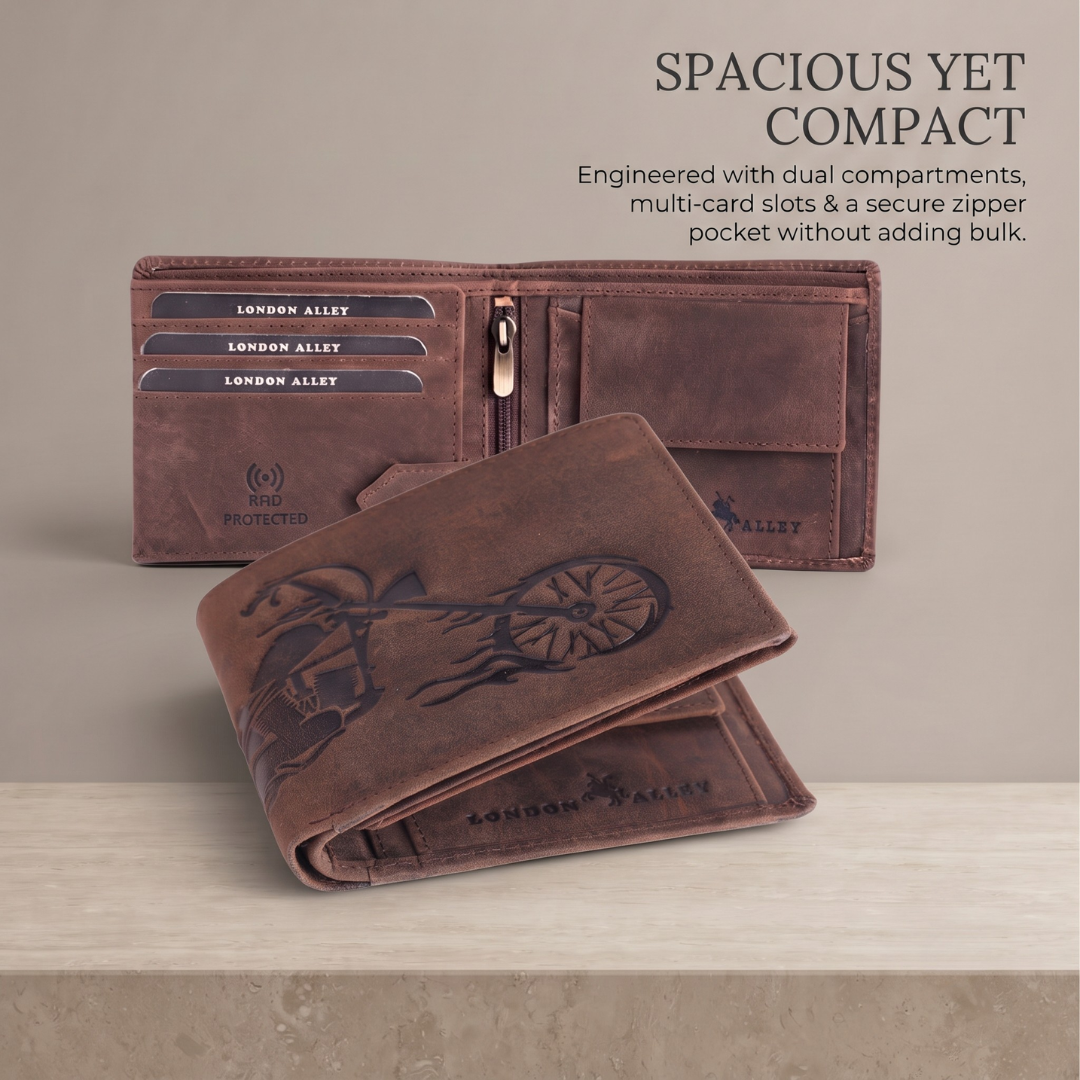 LONDON ALLEY Biker Vintage Brown Leather Wallet for Men with 3 card slots.