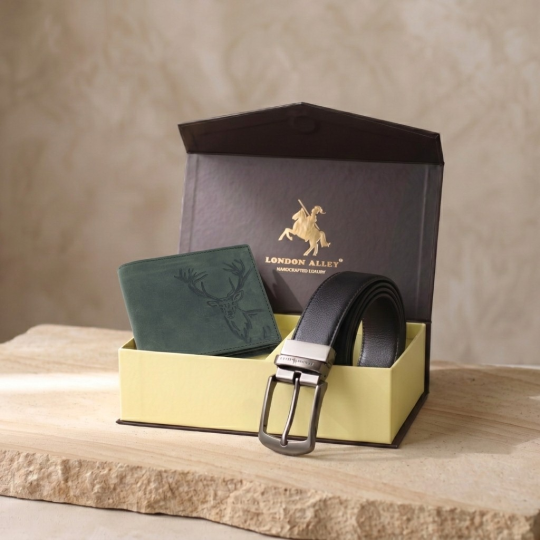 LONDON ALLEY ELK RFID Blocking Vintage Leather Wallet & Black/Brown Reversible Belt Combo Gift Box for Men