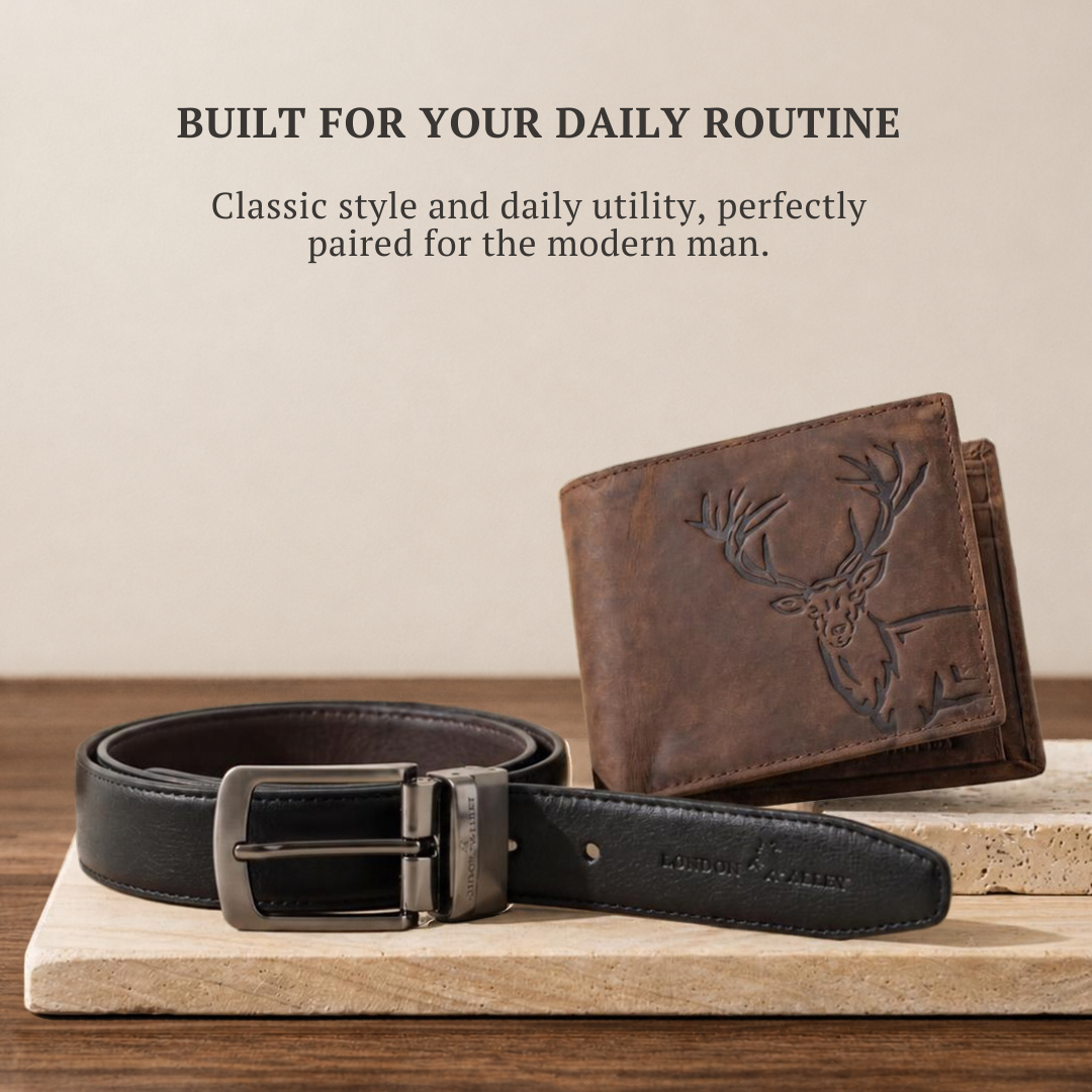 LONDON ALLEY ELK RFID Blocking Vintage Leather Wallet & Black/Brown Reversible Belt Combo Gift Box for Men