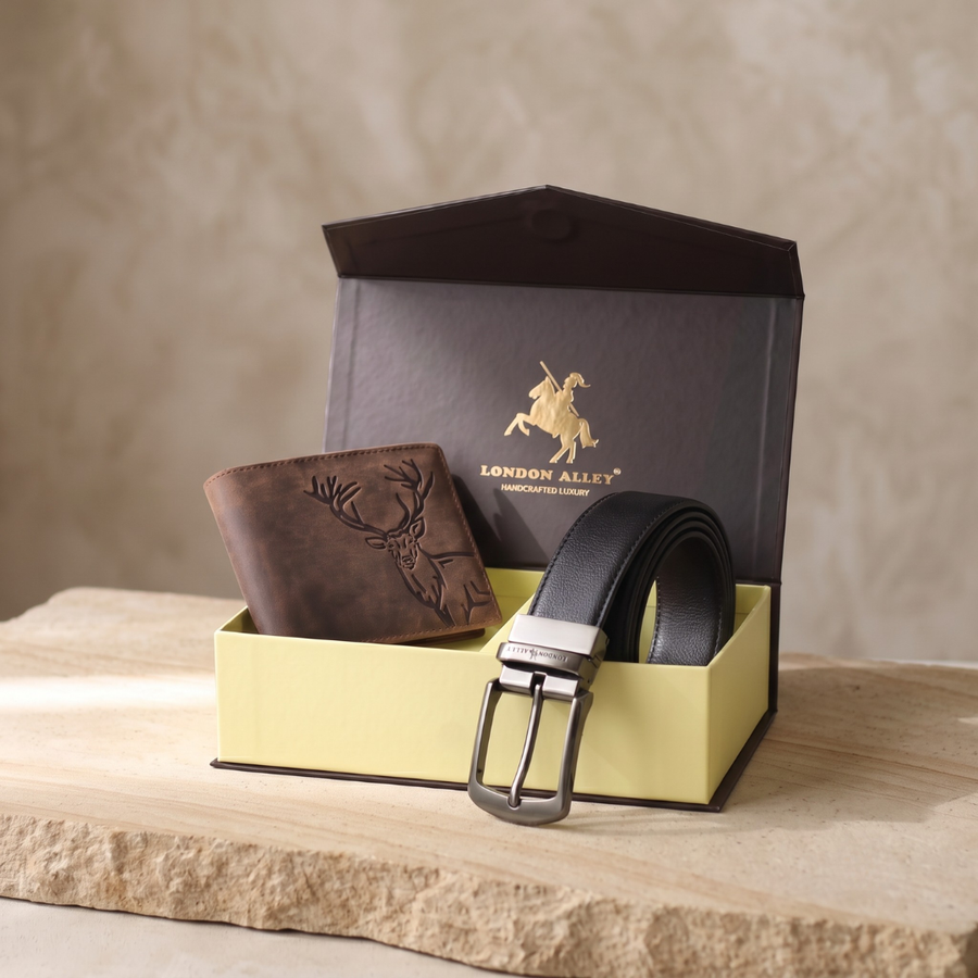 LONDON ALLEY ELK RFID Blocking Vintage Leather Wallet & Black/Brown Reversible Belt Combo Gift Box for Men