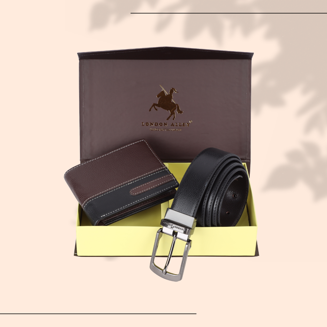 London Alley Premium Wallet & Reversible Belt Gift Set for Men