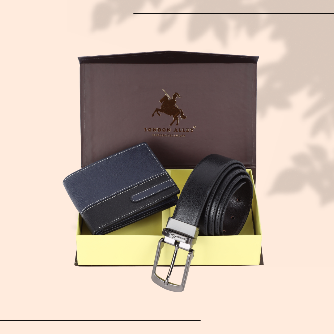 London Alley Premium Wallet & Reversible Belt Gift Set for Men