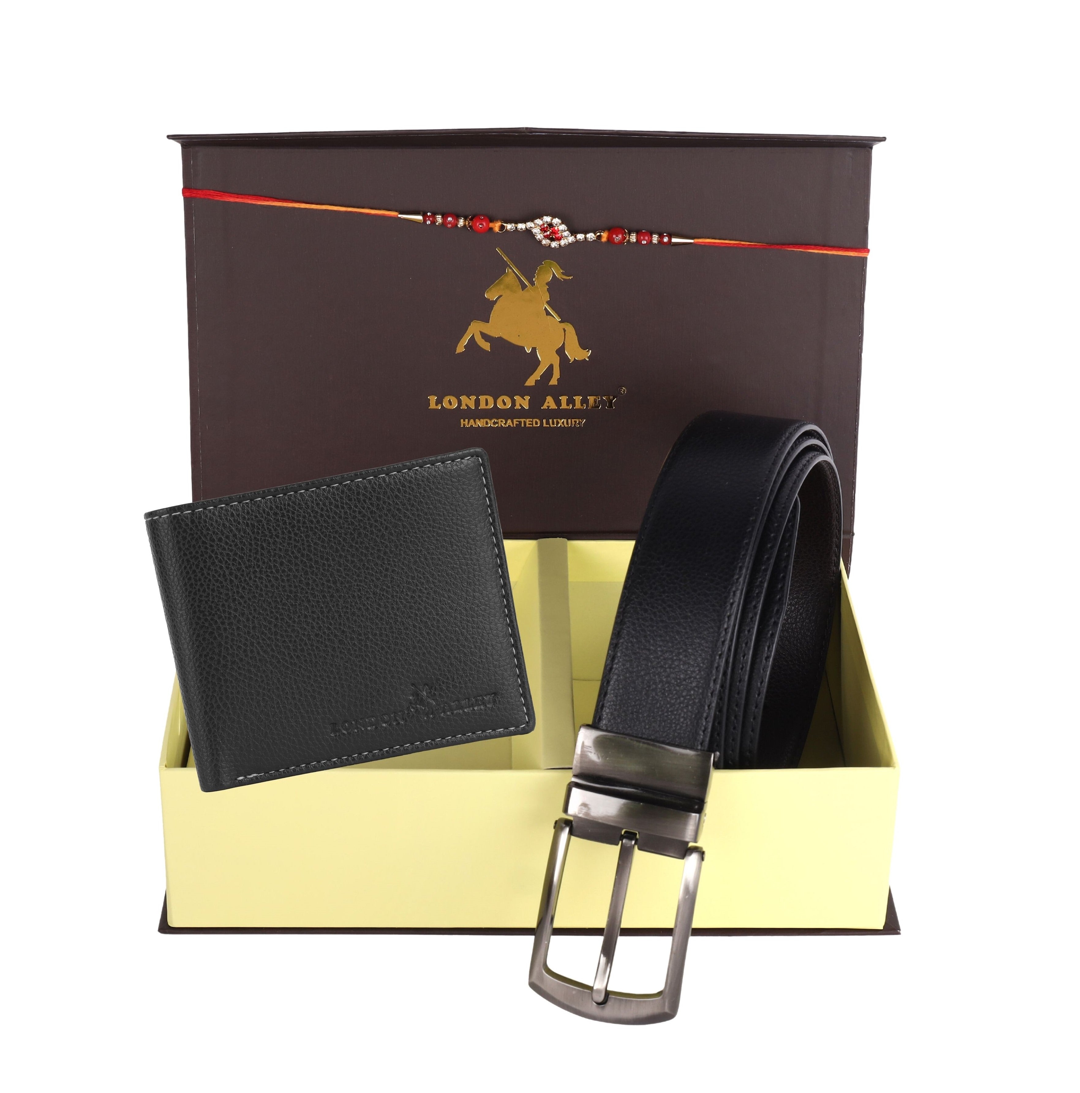 LONDON ALLEY Rakhi Gift Hamper - Classic Brown Leather Wallet, Reversable Brown/Black Belt & Traditional Rakhi Combo Gift Box for Men