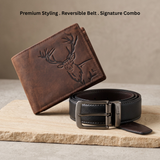LONDON ALLEY ELK RFID Blocking Vintage Leather Wallet & Black/Brown Reversible Belt Combo Gift Box for Men