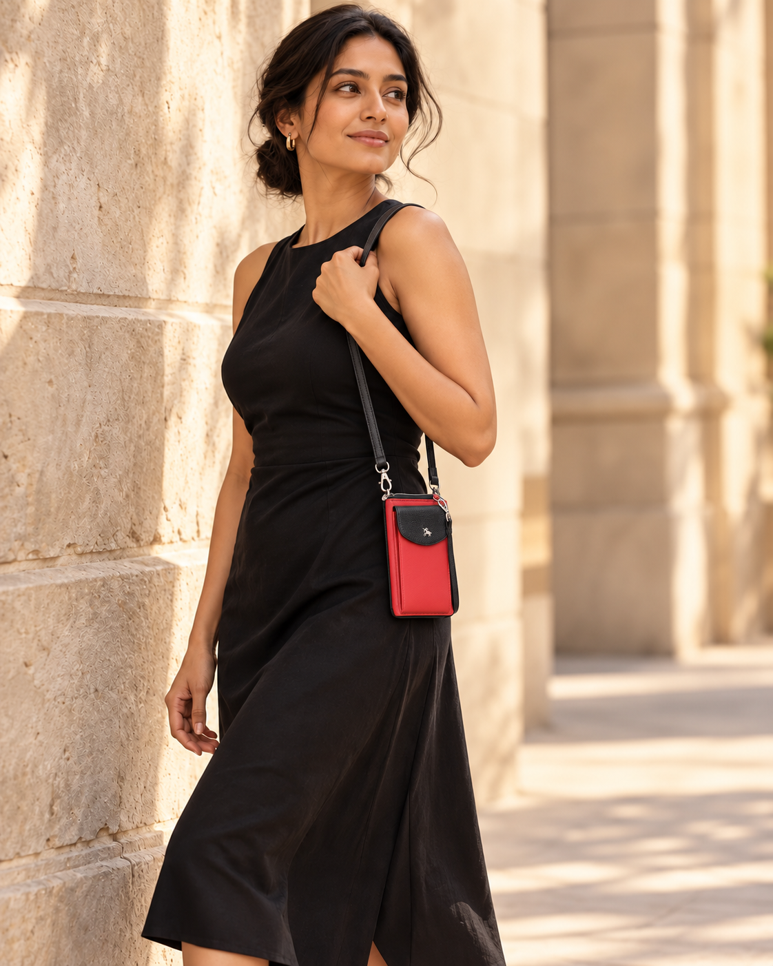 Shop the red and black sling bag look