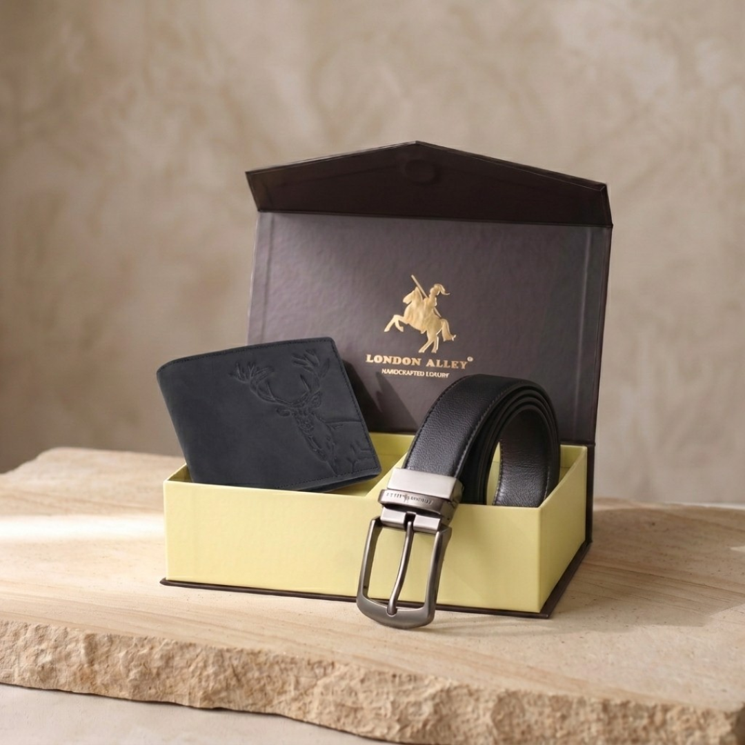LONDON ALLEY ELK RFID Blocking Vintage Leather Wallet & Black/Brown Reversible Belt Combo Gift Box for Men