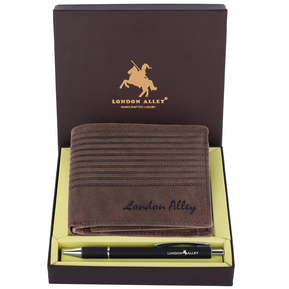 London Alley Drake Vintage Brown RFID Blocking Leather Wallet & Pen Combo Gift Set for Men