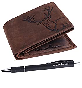 London Alley Elk Vintage Brown RFID Blocking Leather Wallet & Pen Combo Gift Set for Men