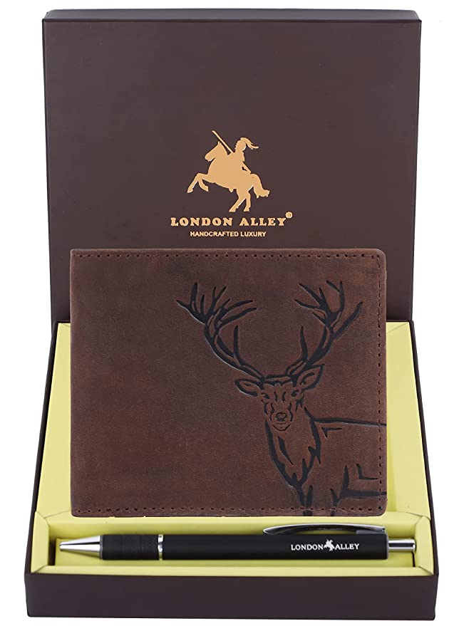 London Alley Elk Vintage Brown RFID Blocking Leather Wallet & Pen Combo Gift Set for Men