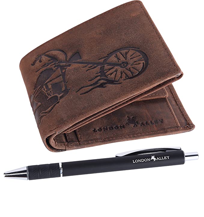 London Alley Harley Vintage Brown RFID Blocking Leather Wallet & Pen Combo Gift Set for Men