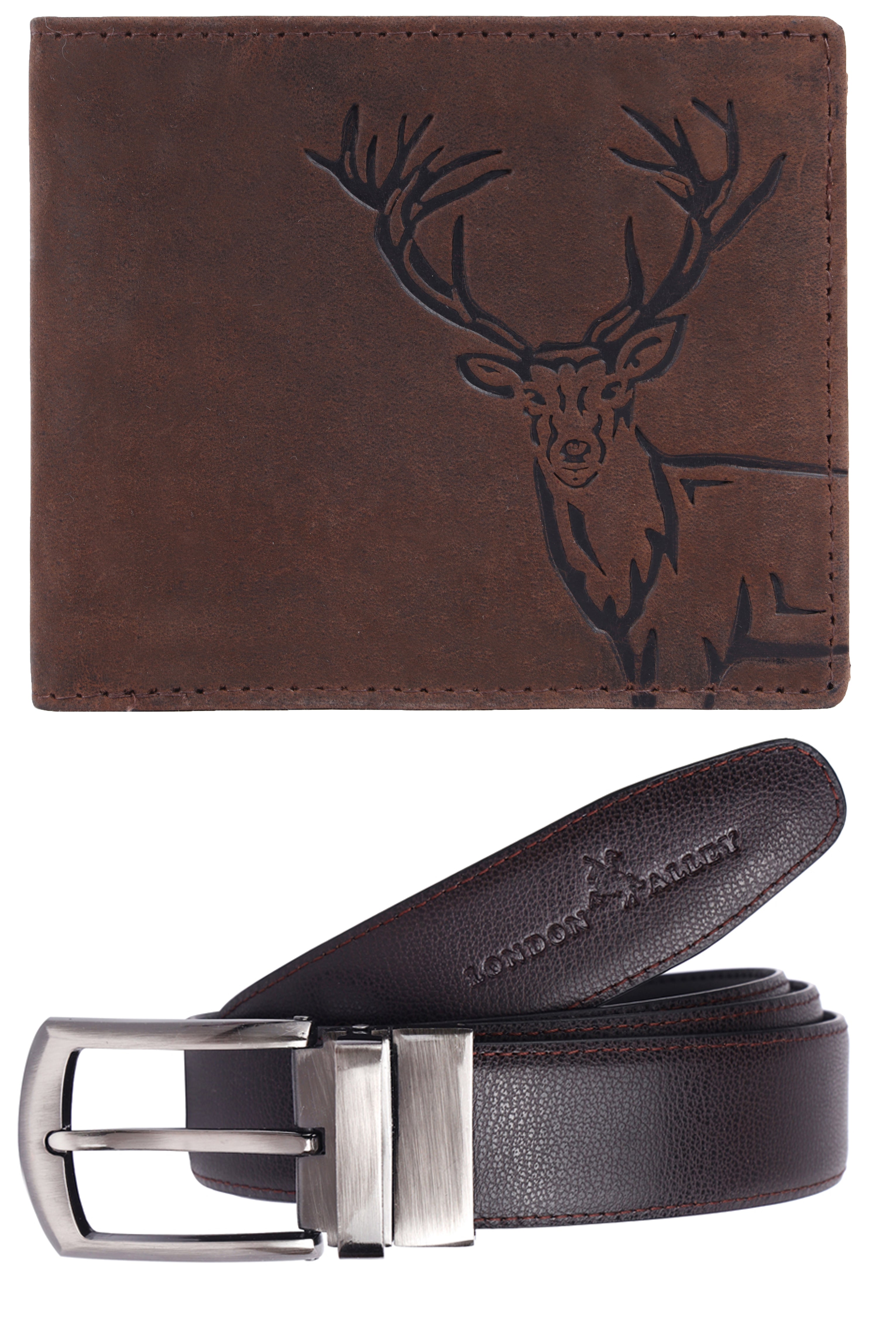 LONDON ALLEY ELK RFID Blocking Vintage Brown Leather Wallet & Black/Brown Reversible Belt Combo Gift Box for Men