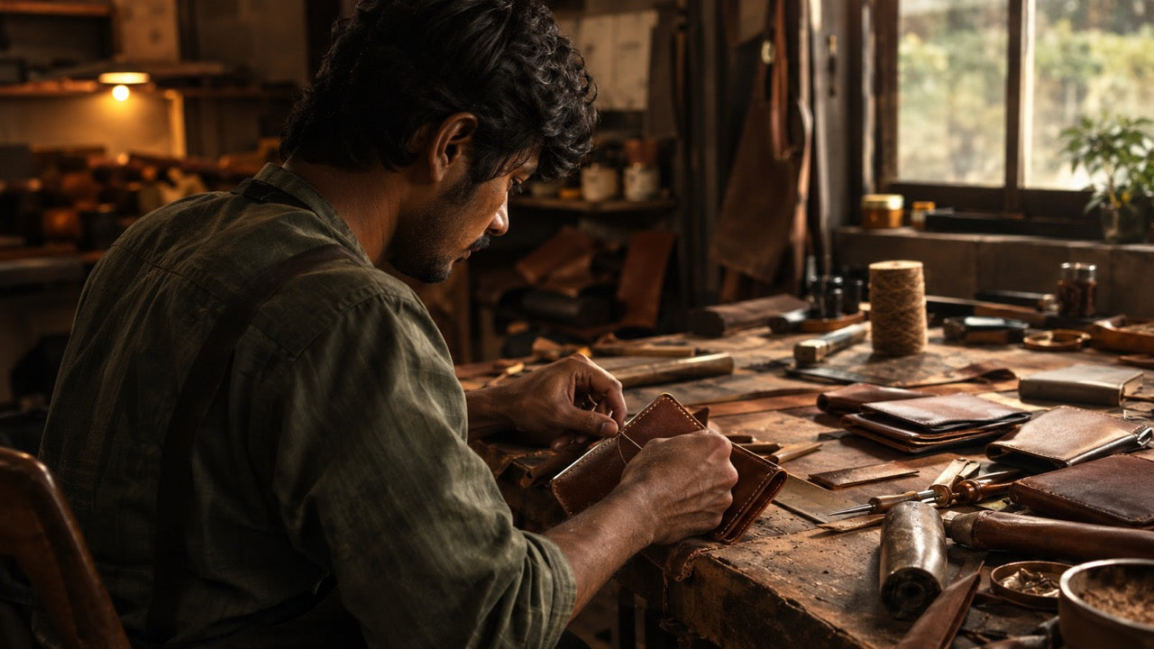 Craftsperson hand stitching a brown leather wallet at a workbench