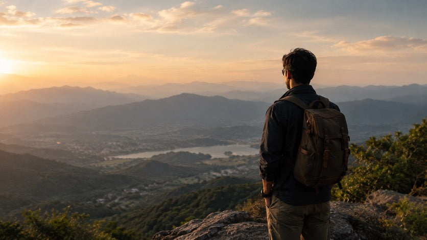 Traveller carrying a leather backpack while overlooking mountains at sunset