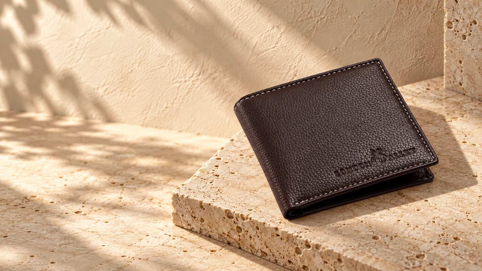 London Alley Onex leather wallet on warm natural stone